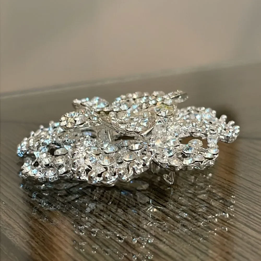 Vintage Style Rhinestone Brooch Flower Shape with a Butterfly in the Middle